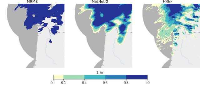 MetNet2 - Probability maps for the cumulative precipitation rate of 1 mm/hr on January 3, 2019 over the Pacific NorthWest. The maps are shown for each hour of lead time from 1 to 12